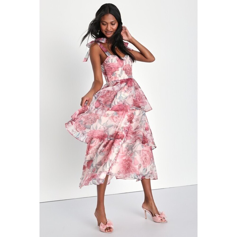 Lulus Playfully Posh Blush Floral Organza Tie-strap Tiered Midi Dress Pink